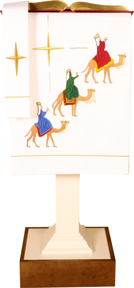 Decorative pulpit cover with three wise men on camels and crosses, on a white background.