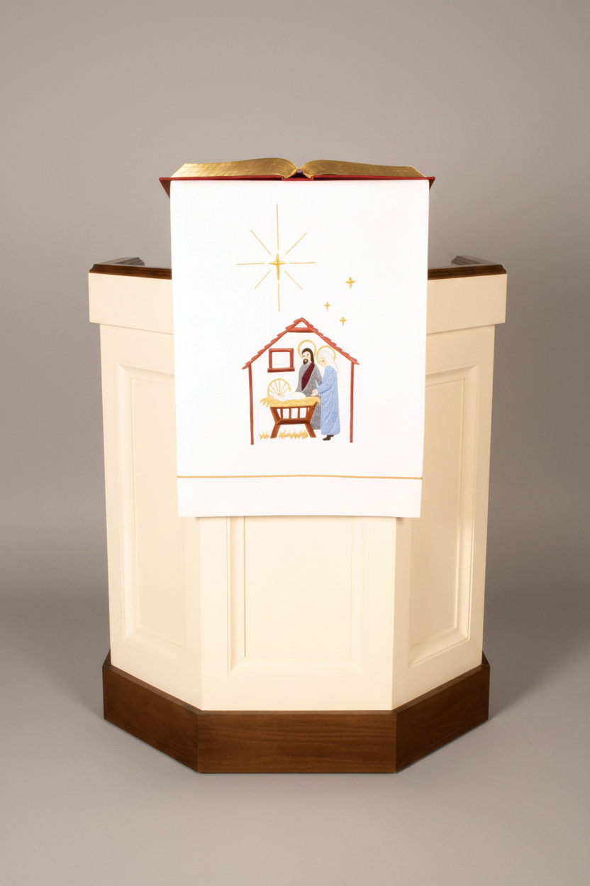 Pulpit cover with Nativity scene design on a white background