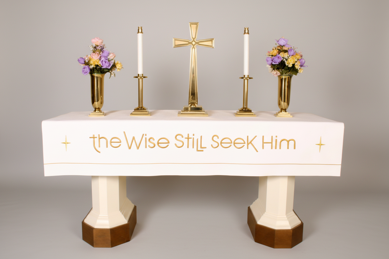 Decorative table with flowers, candles, and a cross with 'the Wise Still Seek Him' text.