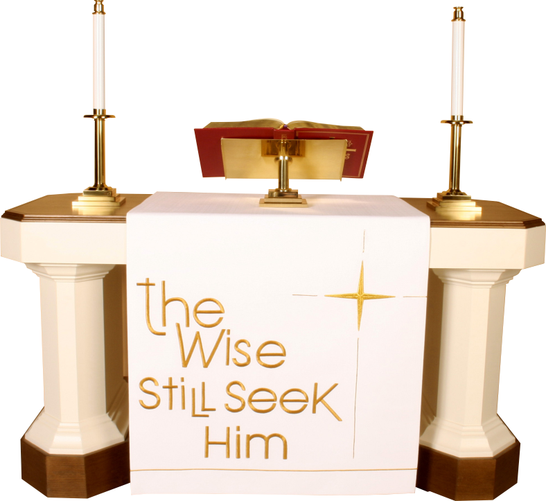 Altar with white cloth, gold cross, and 'the Wise Still Seek Him' text on a white background