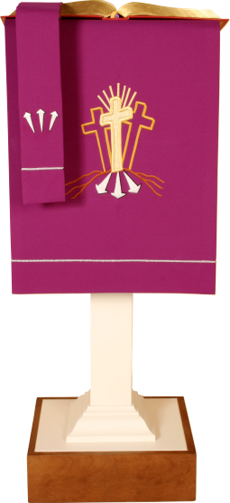 Purple cloth with a cross design on a stand with a white base