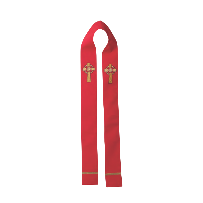 Red stole with gold cross design on a white background