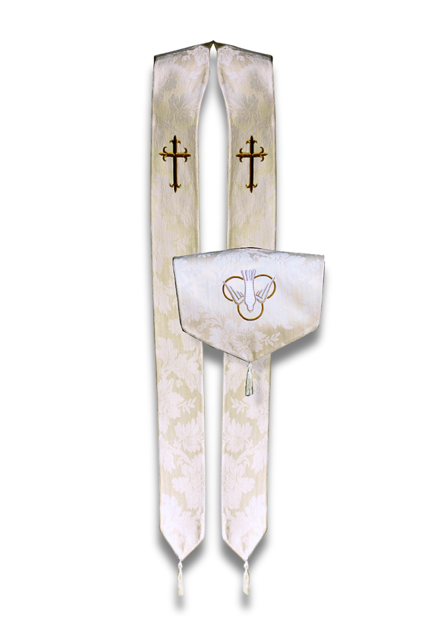 A white and gold liturgical vestment set consisting of a long chasuble with two gold crosses and a matching small scapular pouch with a gold Chi-Rho emblem, shown against a plain white background.