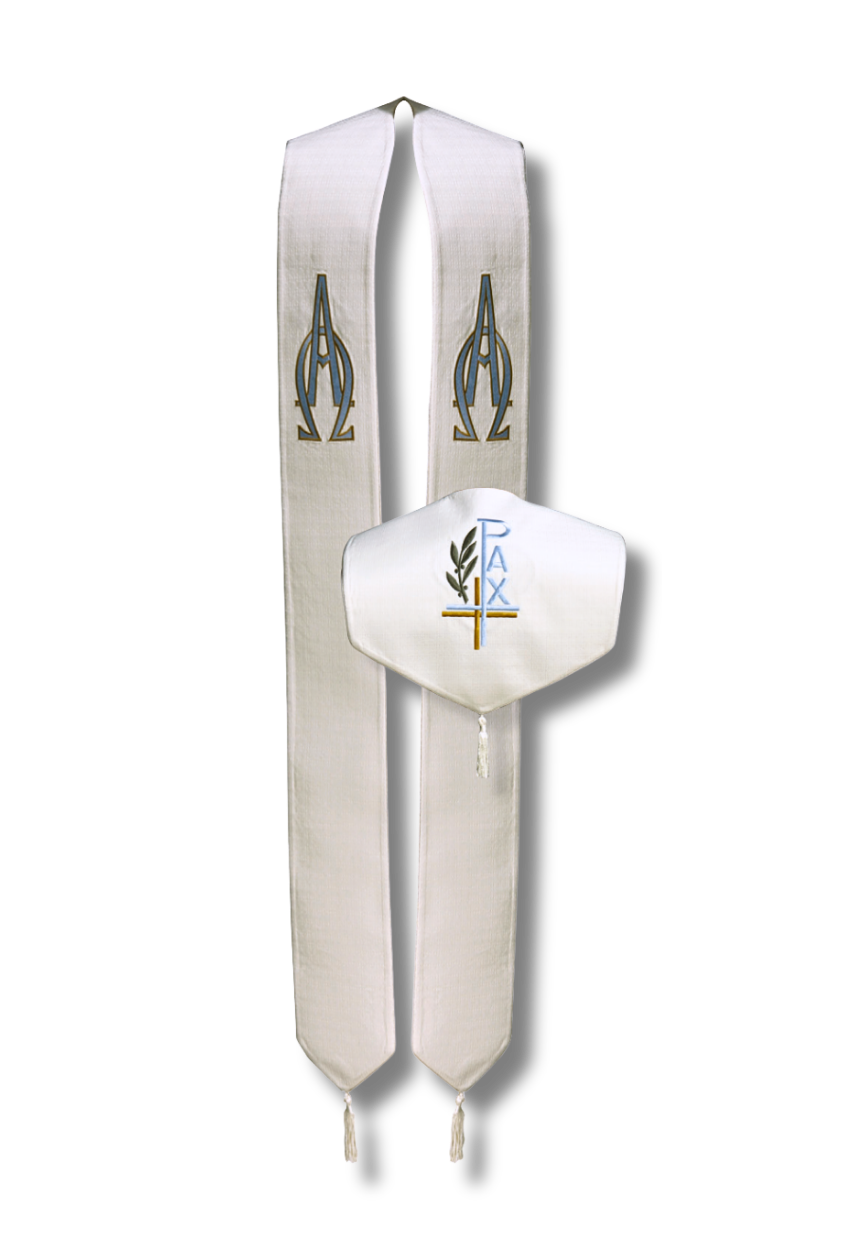 A white Jewish prayer shawl (tallit) set with two long narrow sleeves and a matching small waist cover, featuring embroidered Hebrew letters and a Passover cross with a wampum shell and olive branch.