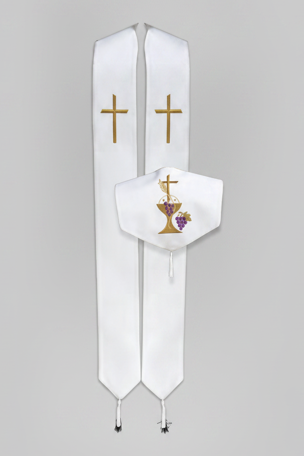 White stole with cross and chalice design on a white background