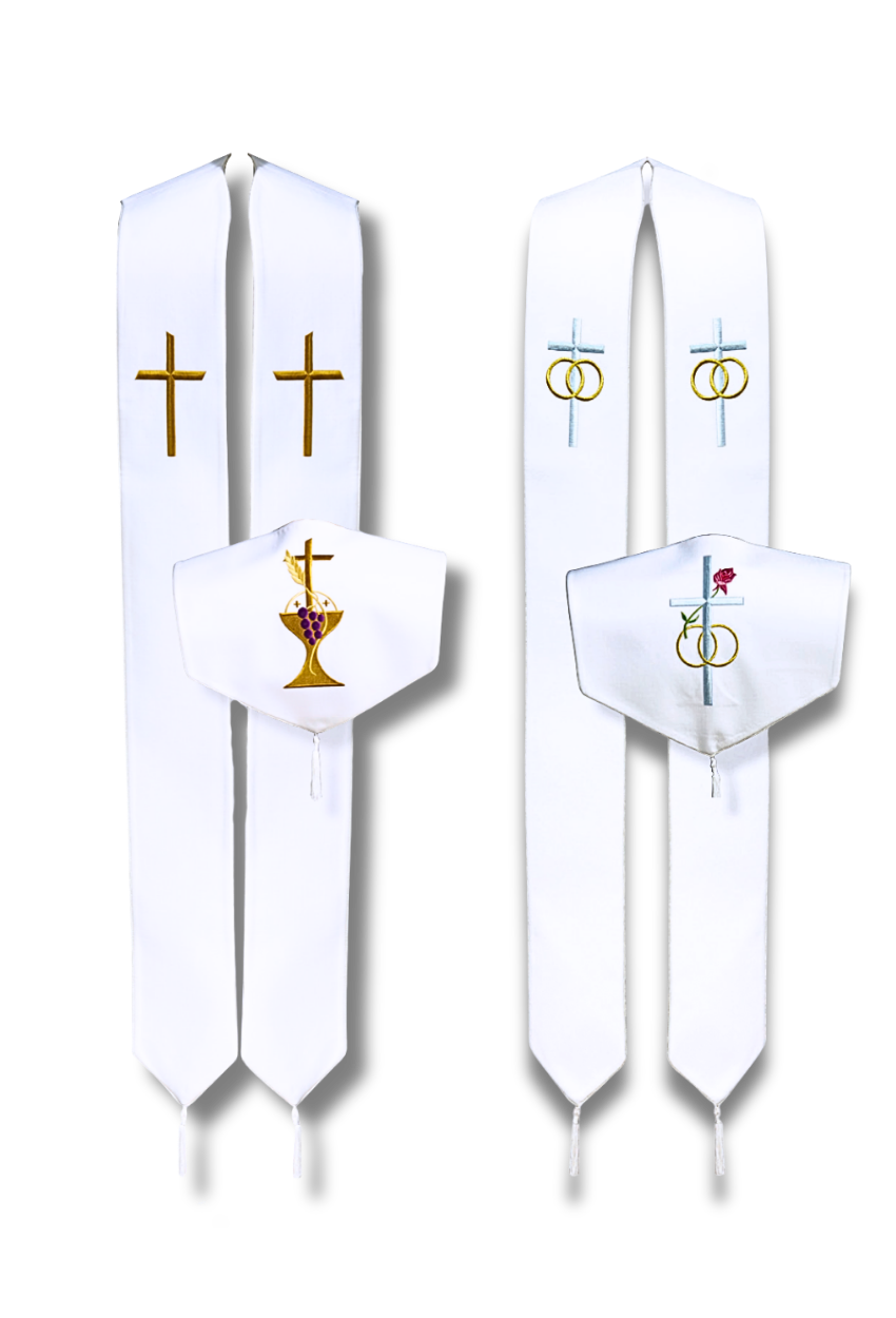 Two white religious vestments or ceremonial garments shown on a plain white background, each with embroidered symbols: one with gold crosses and a gold chalice motif, and the other with light blue crosses, gold rings, and a small red rose detail.