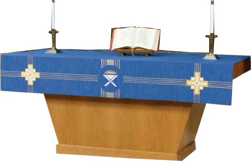 Wooden altar table with a blue cloth featuring a cross symbol, open book, and candles on a white background.