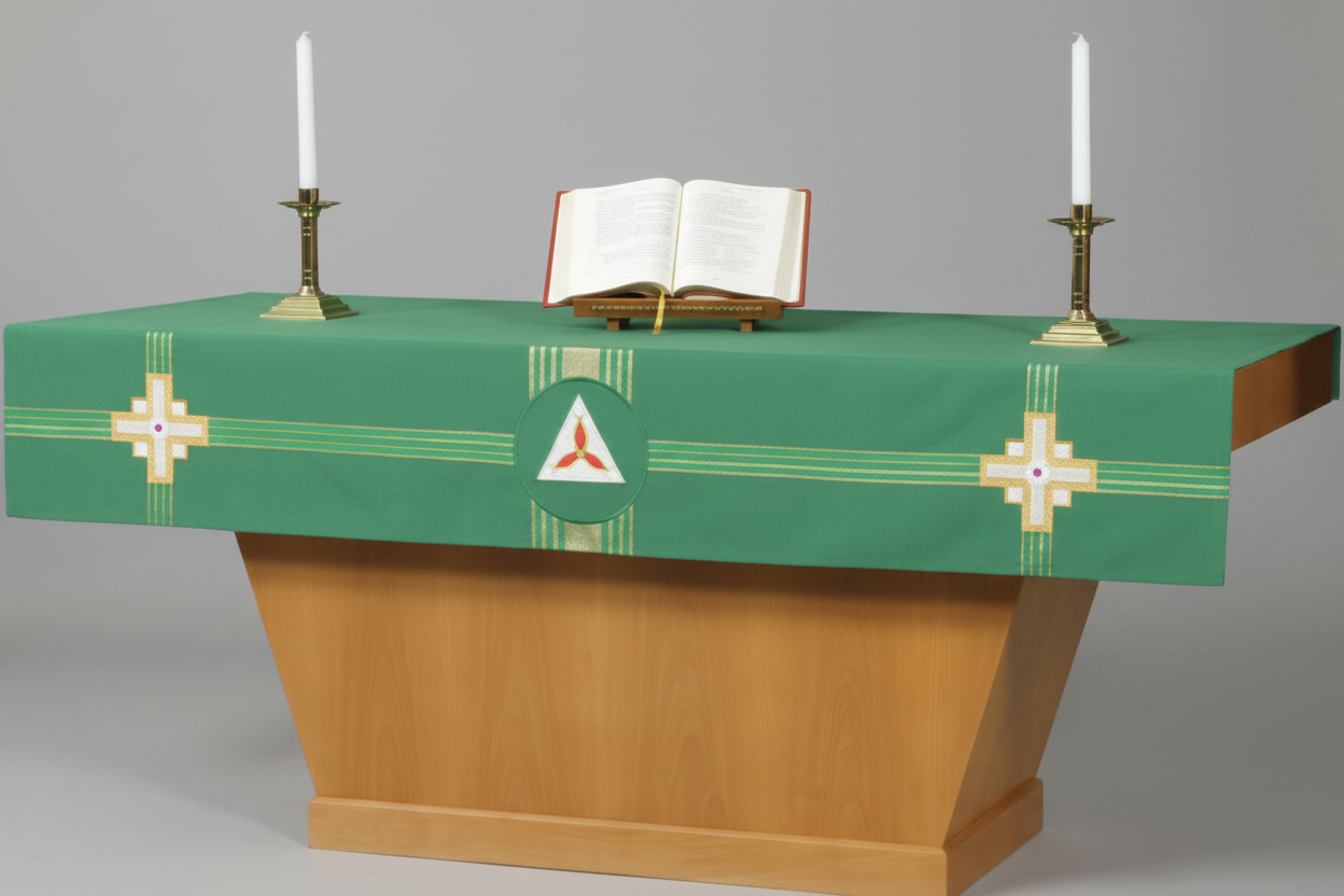 Wooden altar table with a green cloth, open book, and candles on a white background