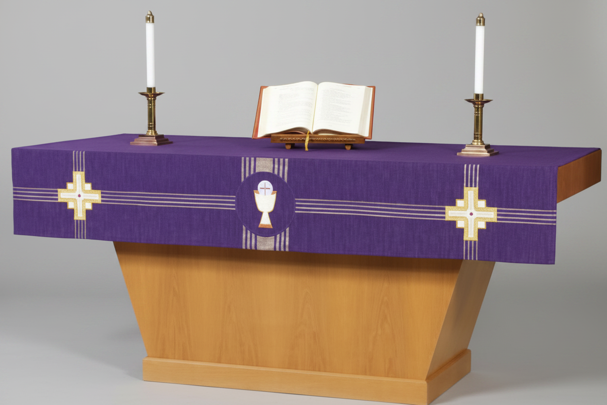 Wooden altar table with a purple cloth featuring a cross and religious symbol, on a white background.