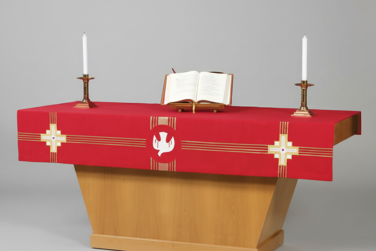 Altar with red cloth, open book, candles, and dove symbol on a white background