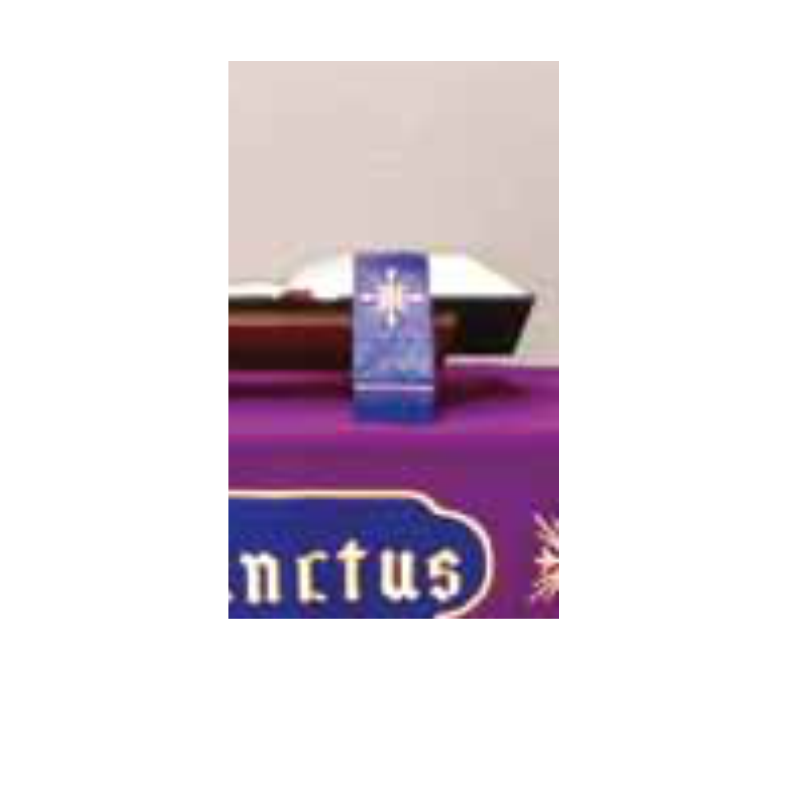 Purple ribbon with a gold cross design on a white background