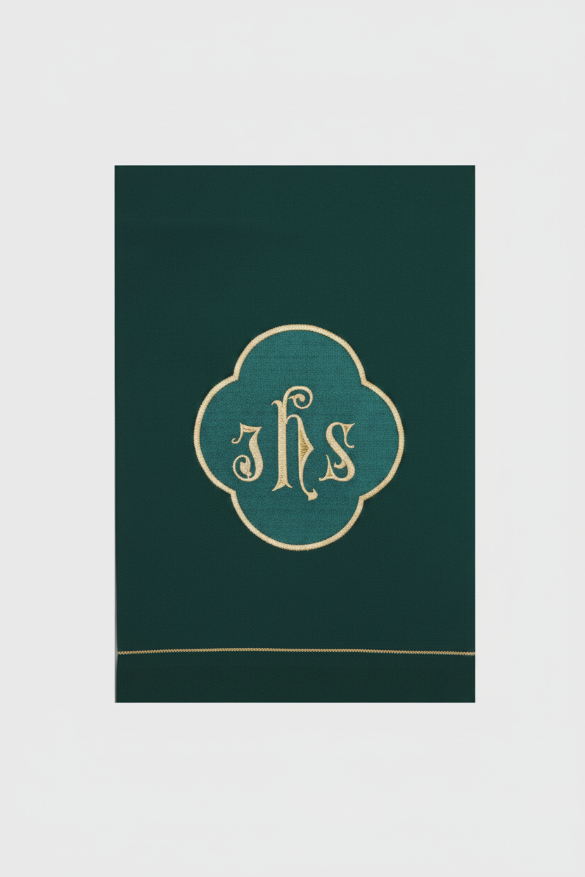 Green book with gold monogram on a white background