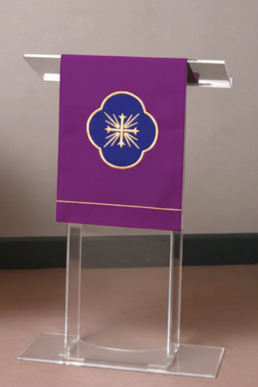 Purple towel with a blue and gold emblem on a clear stand against a white background