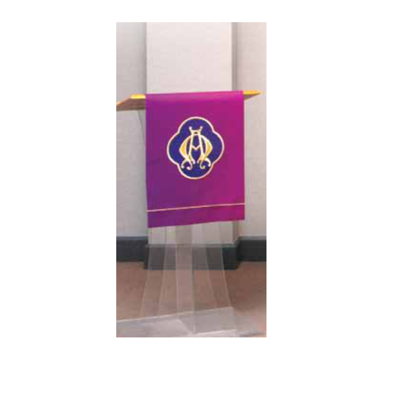 Purple banner with a gold emblem on a stand against a white wall.