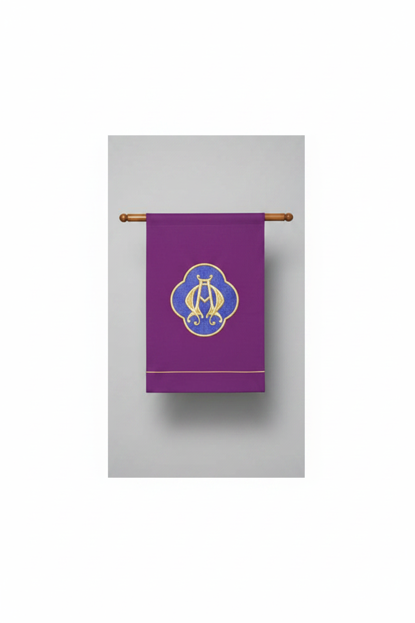 Purple banner with a gold emblem on a stand against a white wall.