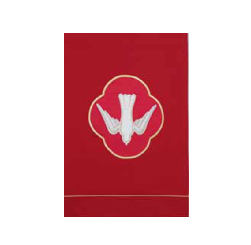 Red fabric with a white dove emblem on a white background