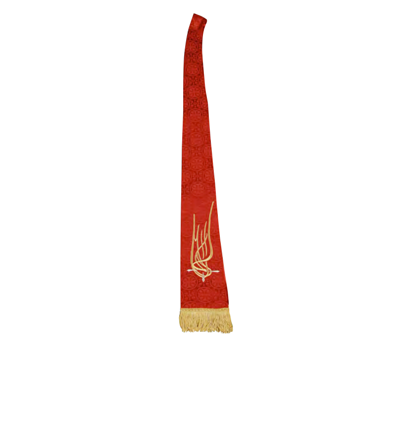 Red scarf with gold fringe and logo on a white background