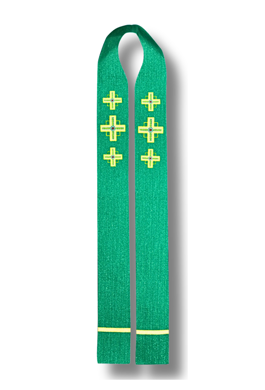 A green liturgical vestment, likely a stole or chasuble, featuring embroidered yellow crosses on the front panels and a yellow stripe near the bottom, shown against a plain white background.