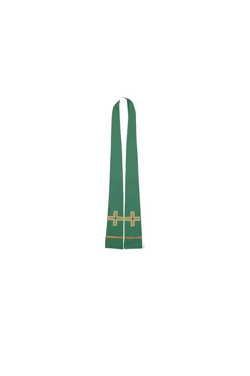 Green stole with gold cross on a white background