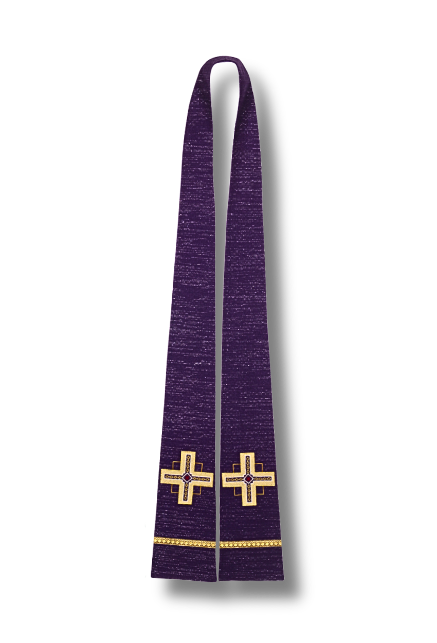 A purple liturgical vestment, likely a chasuble or stole, featuring two gold crosses with purple centers and gold borders near the bottom, displayed against a plain white background.