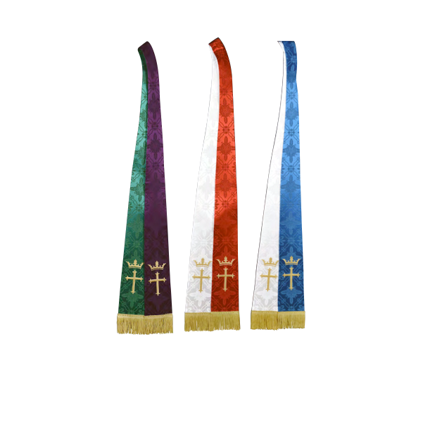 Three colorful stoles with embroidered designs on a white background