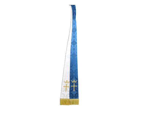 Blue and gold banner with a cross on a white background