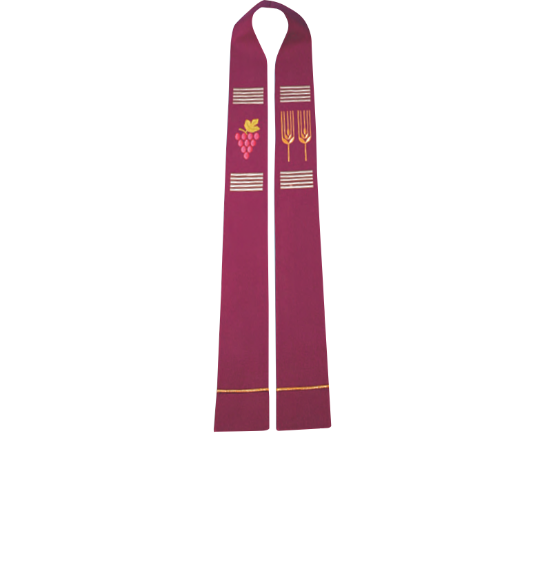 Maroon stole with embroidered symbols on a white background