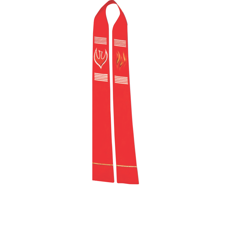 Red stole with white stripes and symbols on a white background