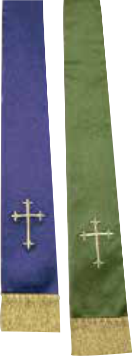Purple and green ribbons with embroidered crosses on a white background