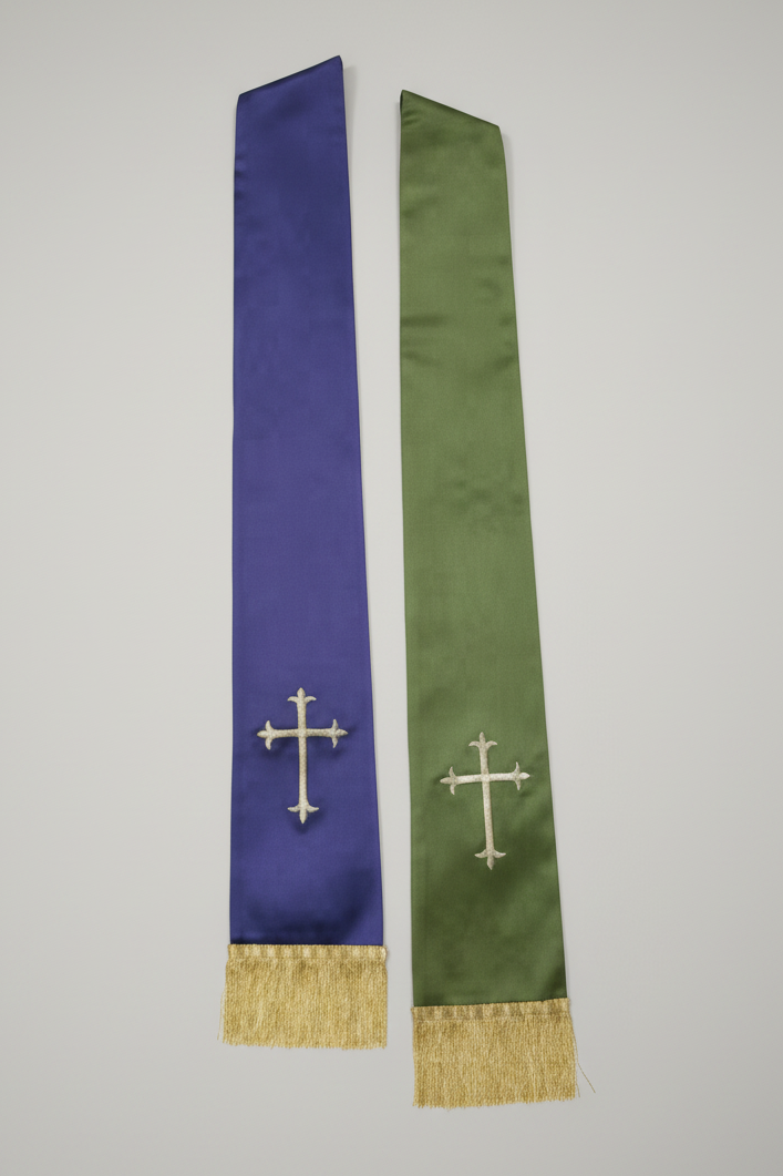 Purple and green ribbons with embroidered crosses on a white background