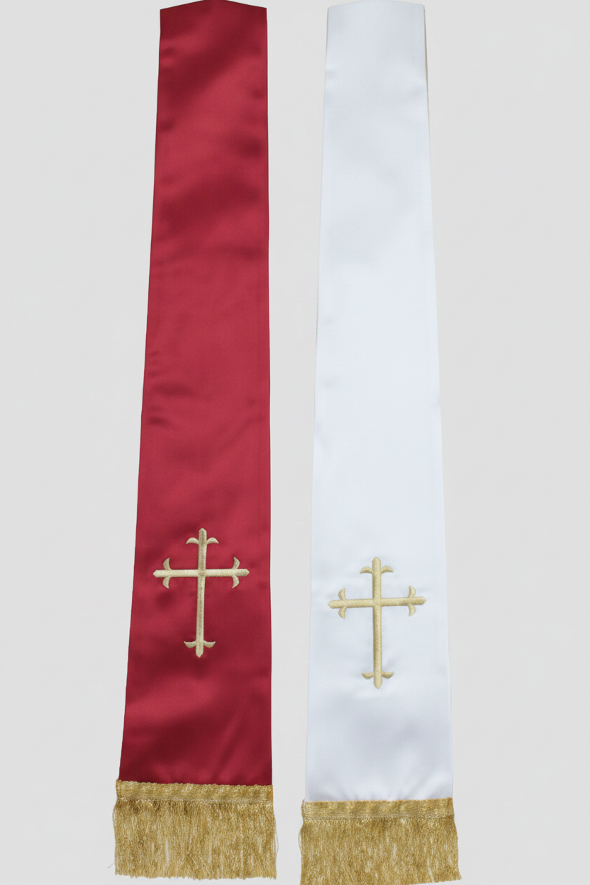 Two liturgical stoles with embroidered crosses on a white background
