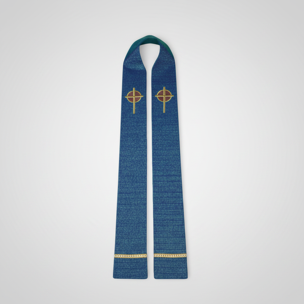 Blue stole with a gold cross design on a white background
