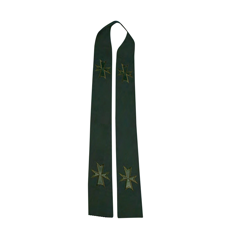 Green stole with embroidered crosses on a white background