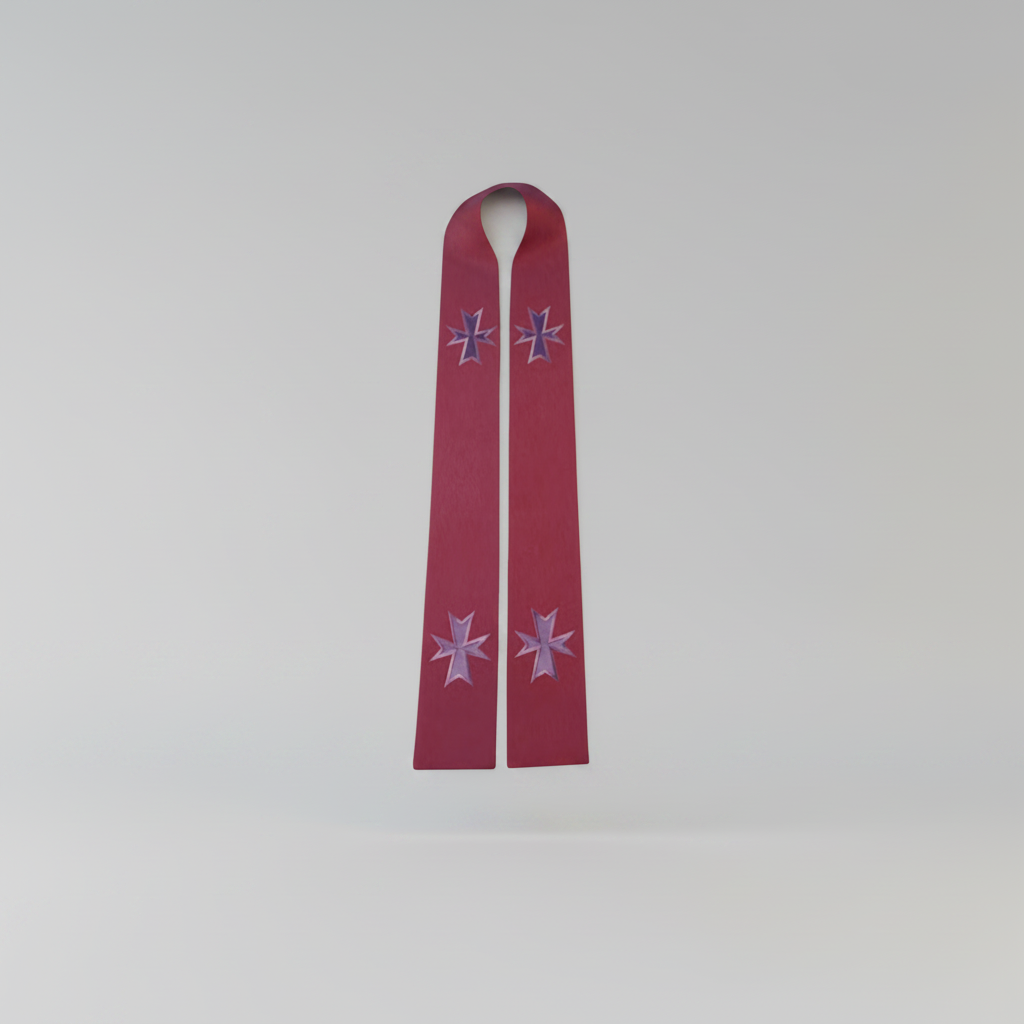 Red stole with embroidered crosses on a white background