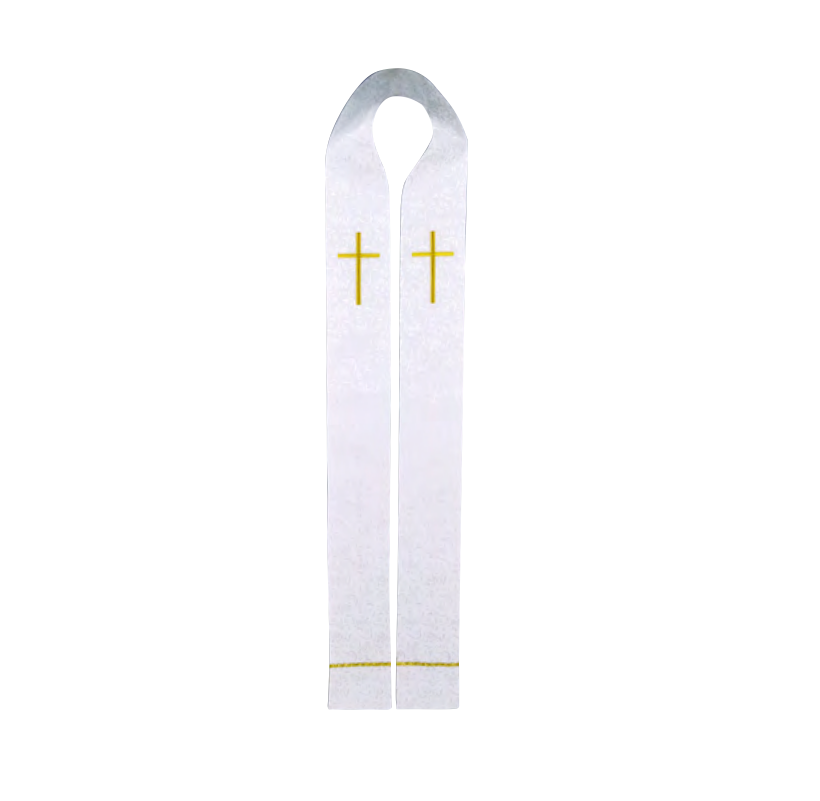 White stole with gold cross design on a white background