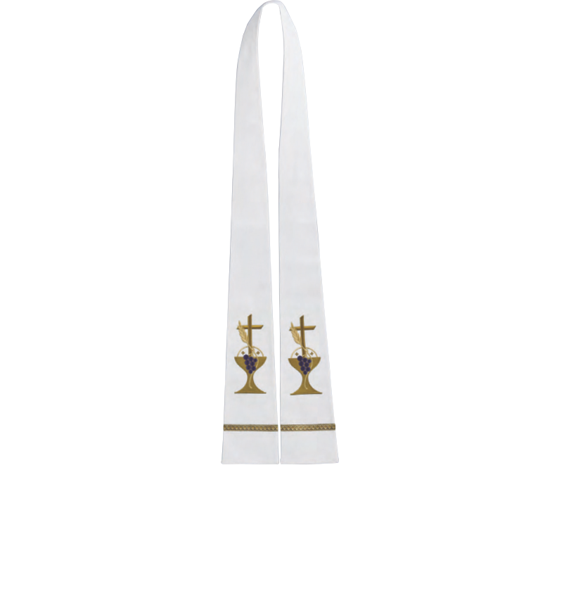 White stole with embroidered designs on a white background