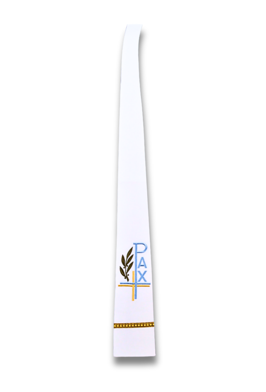 A white liturgical vestment, likely a stole or dalmatic, featuring a central emblem with a olive branch, a gold cross, the word 'PAX' in blue, and a gold decorative band at the bottom.
