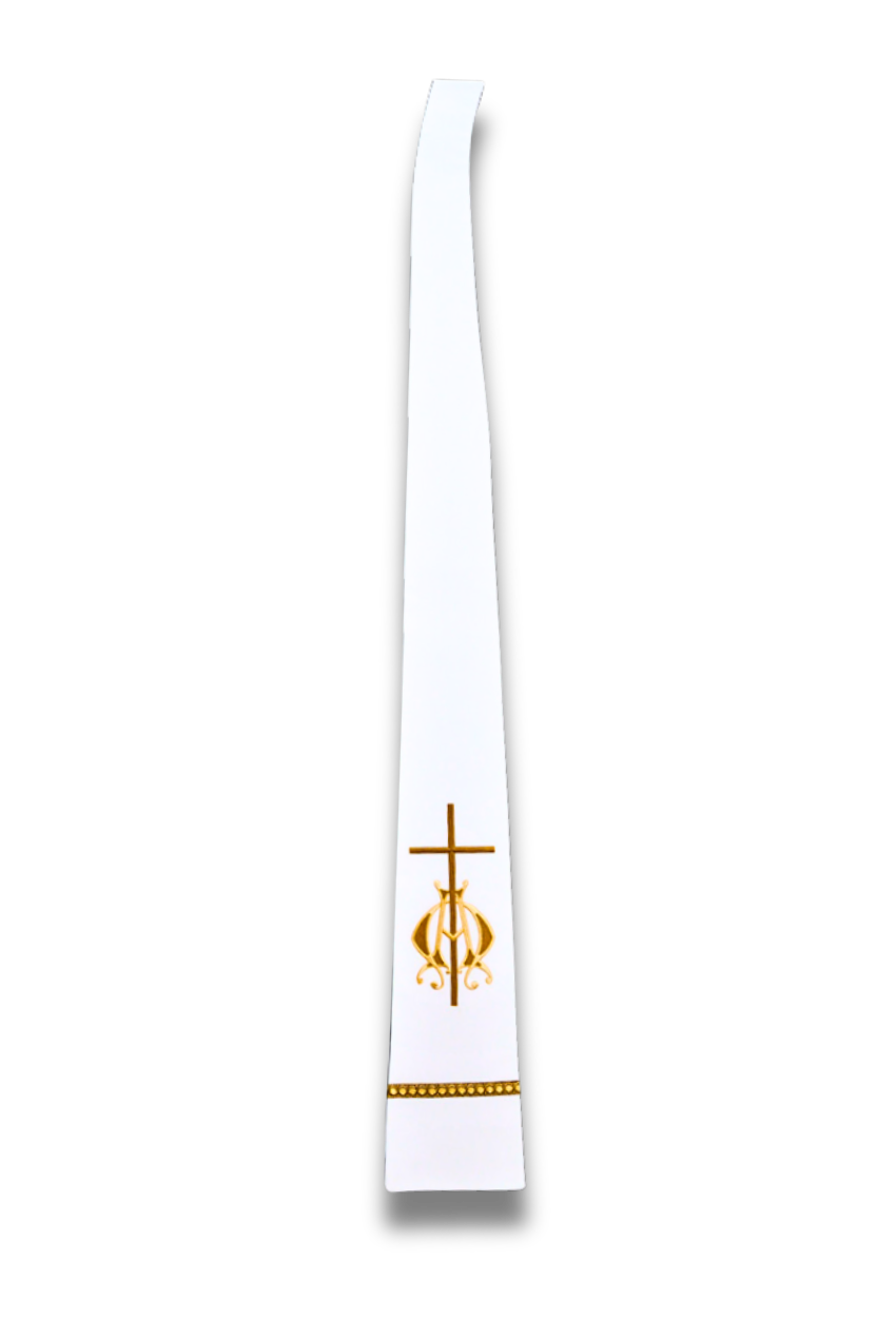 A white priestly stole with a gold embroidered cross, a chalice, and a decorative gold band near the bottom, shown on a plain white background.