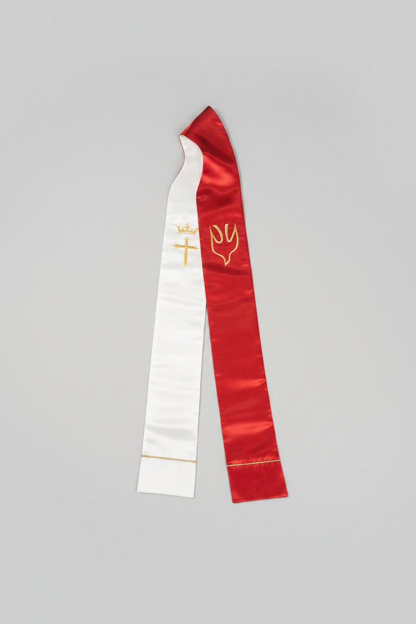Red and white sash with a symbol on a white background