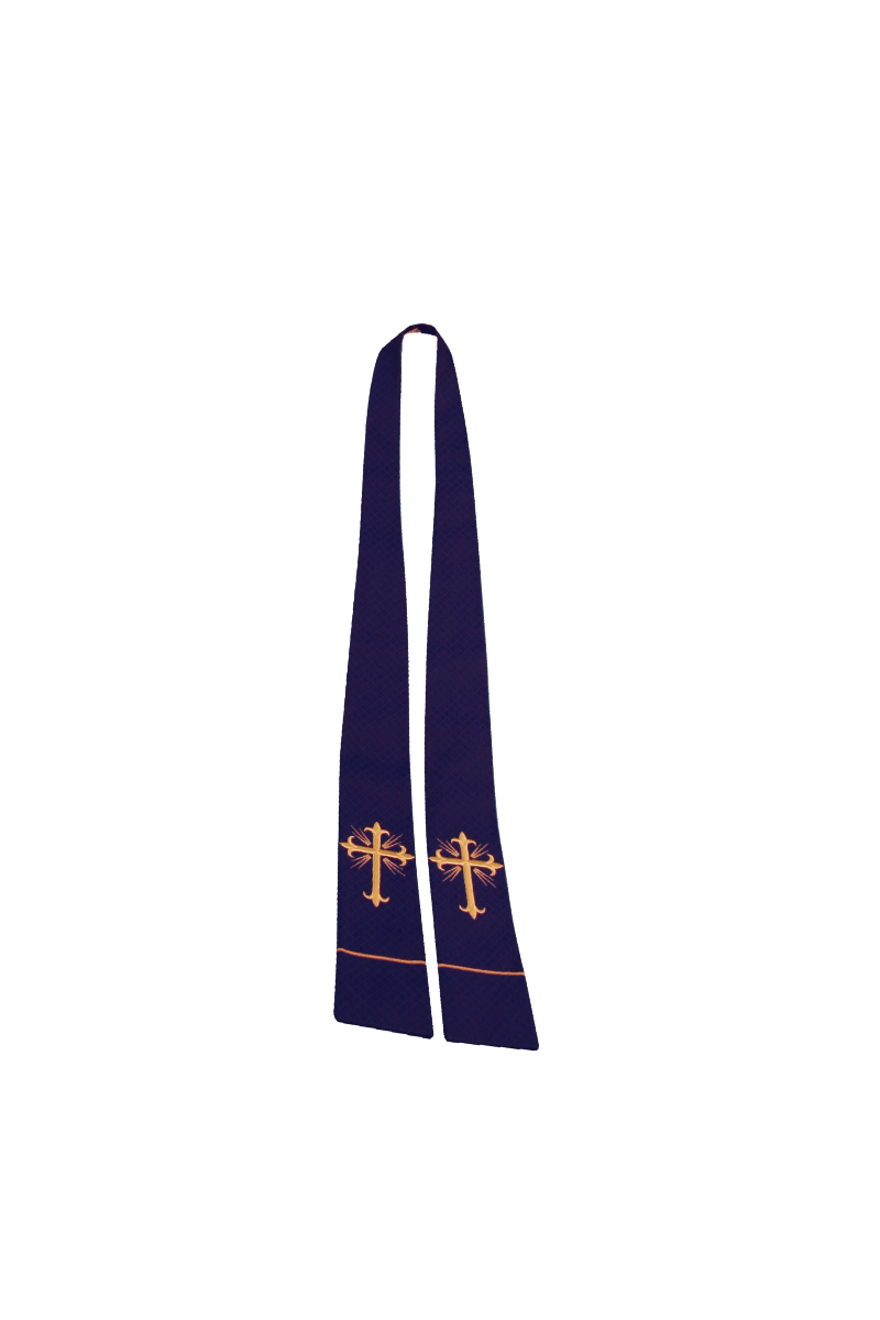 Navy blue stole with gold crosses on a white background