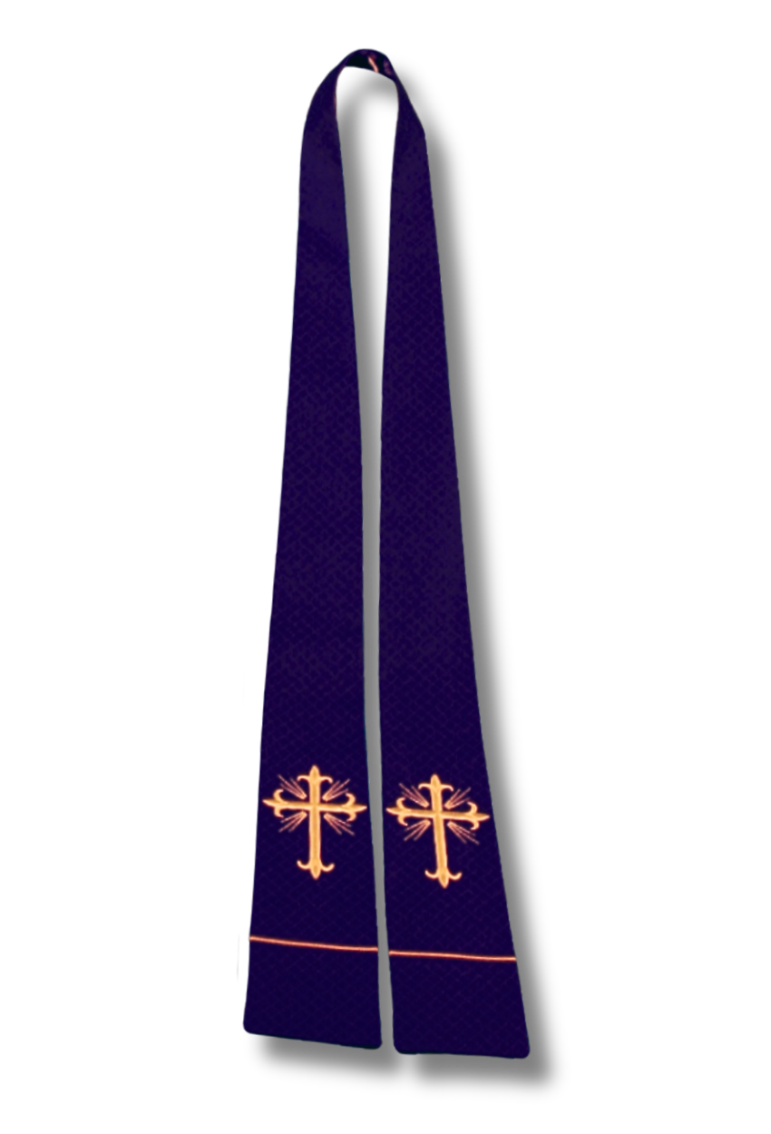 A purple liturgical vestment, likely a chasuble or stole, featuring two embroidered gold crosses and a thin gold horizontal stripe near the bottom, displayed against a plain white background.