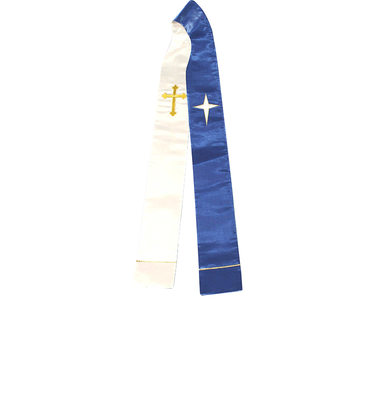 Sash with blue and white stripes and religious symbols on a white background