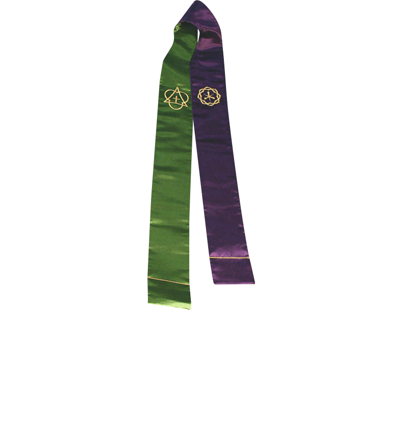 Green and purple stole with a gold emblem on a white background