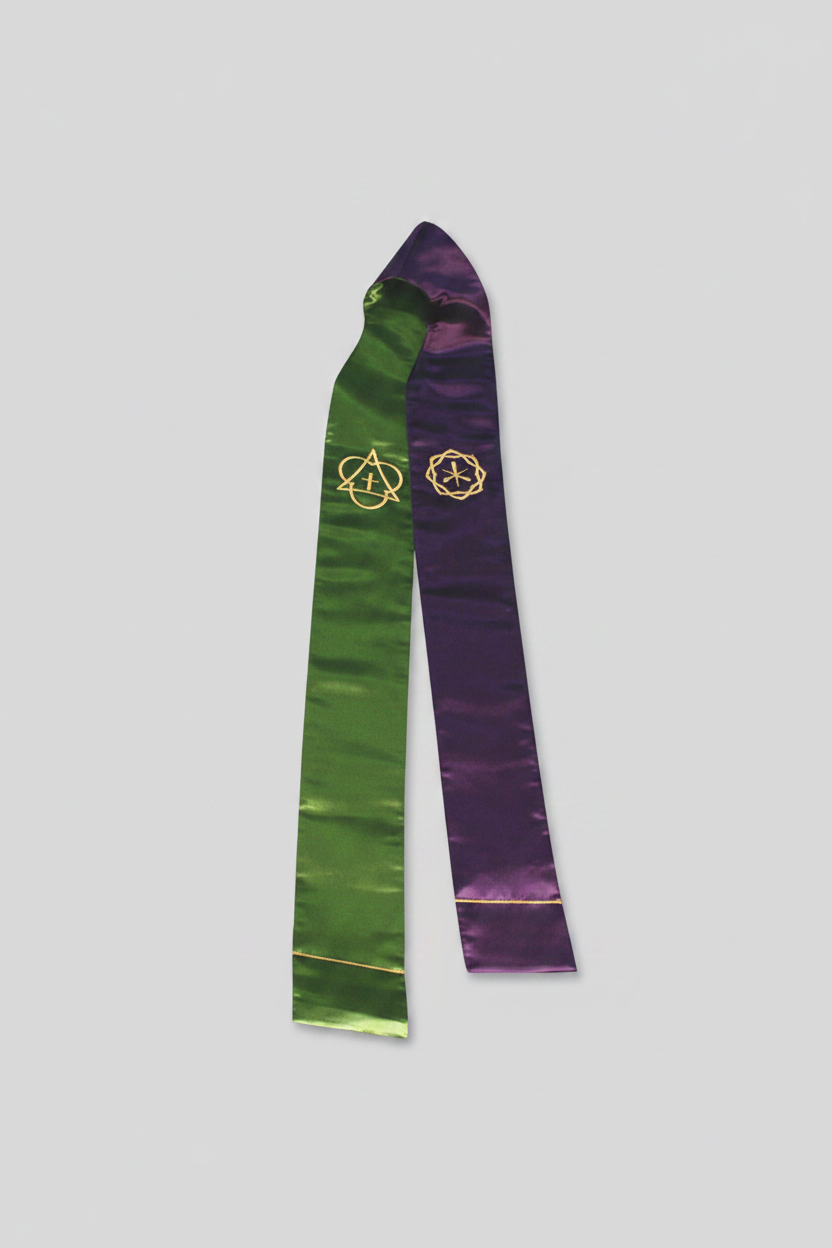 Green and purple stole with a gold emblem on a white background