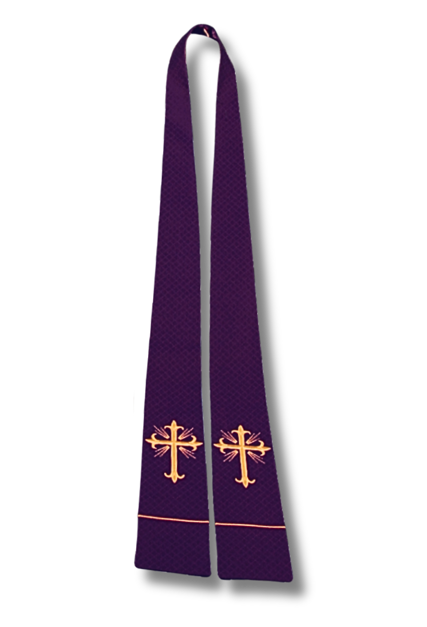 A purple liturgical vestment, likely a chasuble or stole, featuring two gold embroidered crosses and a thin gold horizontal stripe near the bottom, displayed against a plain white background.