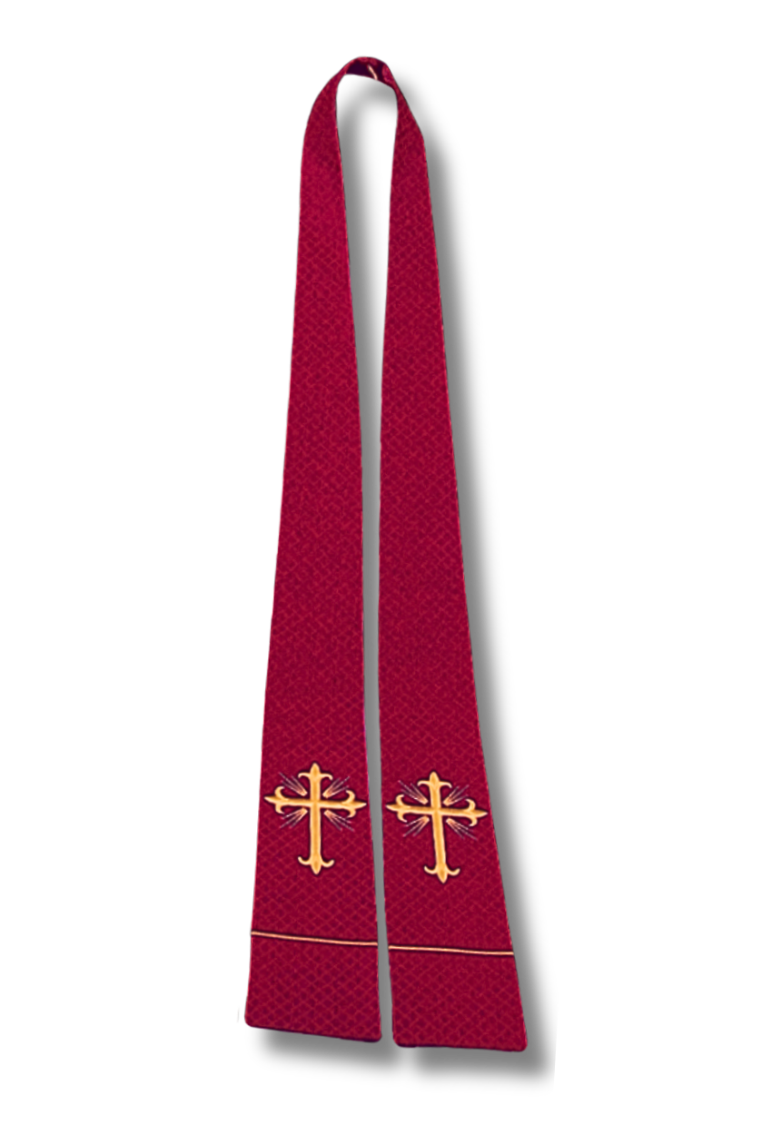 A red liturgical vestment, likely a chasuble or stole, featuring a textured pattern and two gold embroidered crosses near the bottom, displayed against a plain white background.