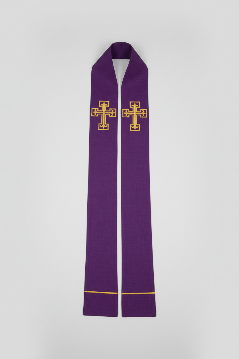 Purple stole with gold cross design on a white background