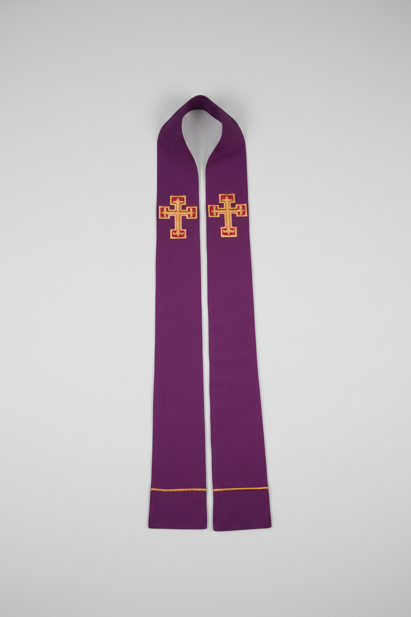Purple stole with gold cross design on a white background