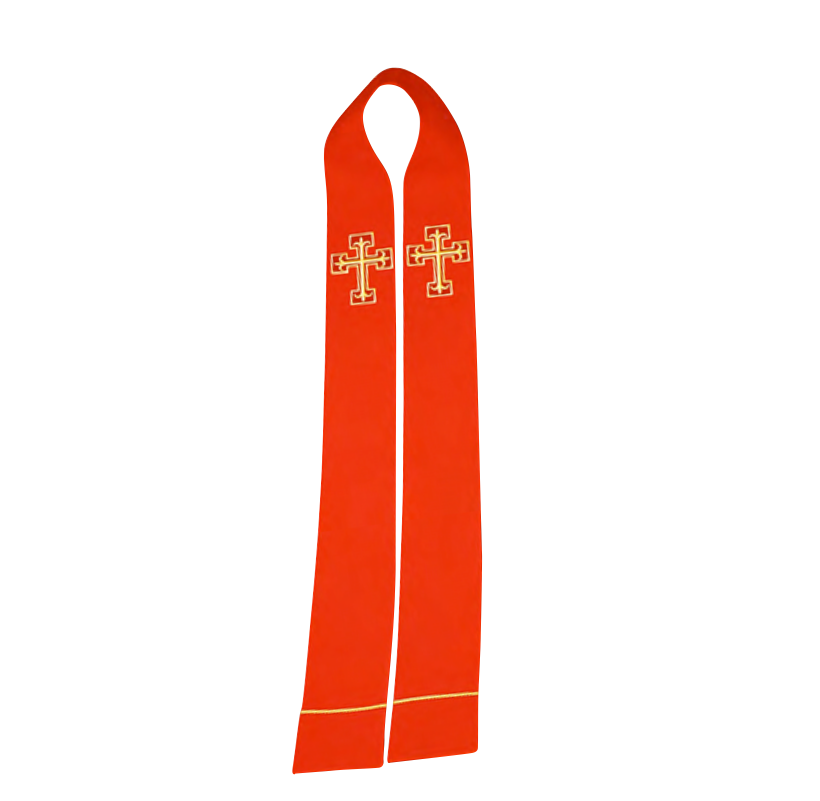 Red stole with gold cross design on a white background