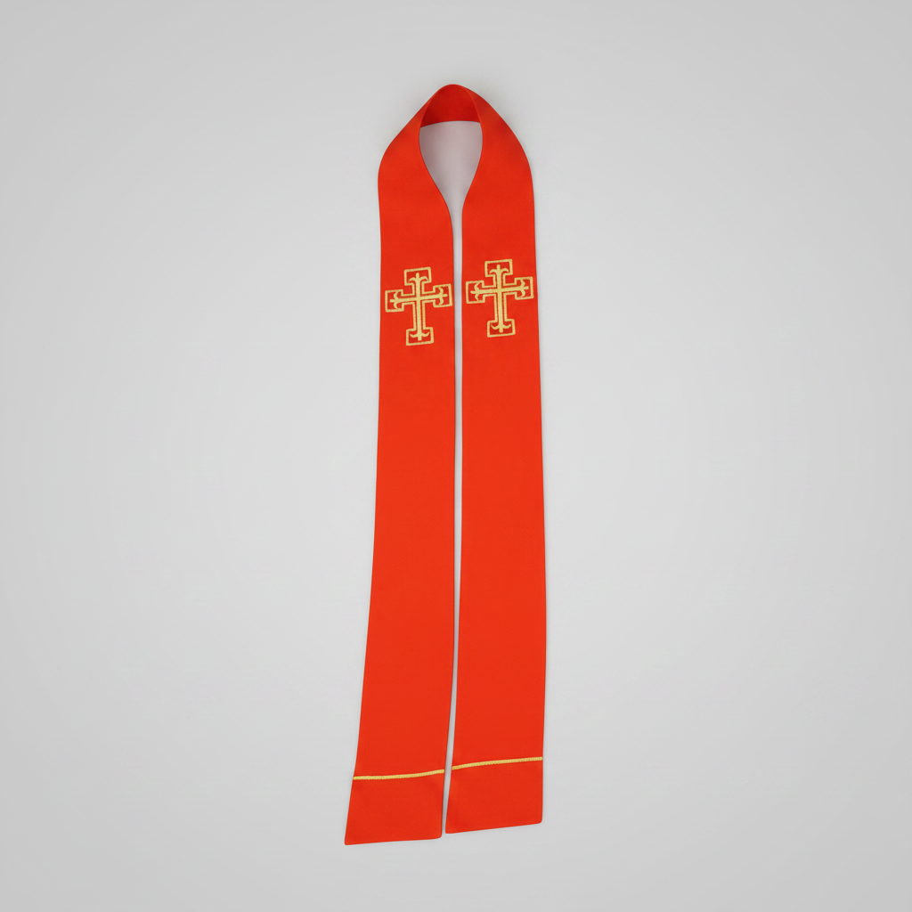 Red stole with gold cross design on a white background